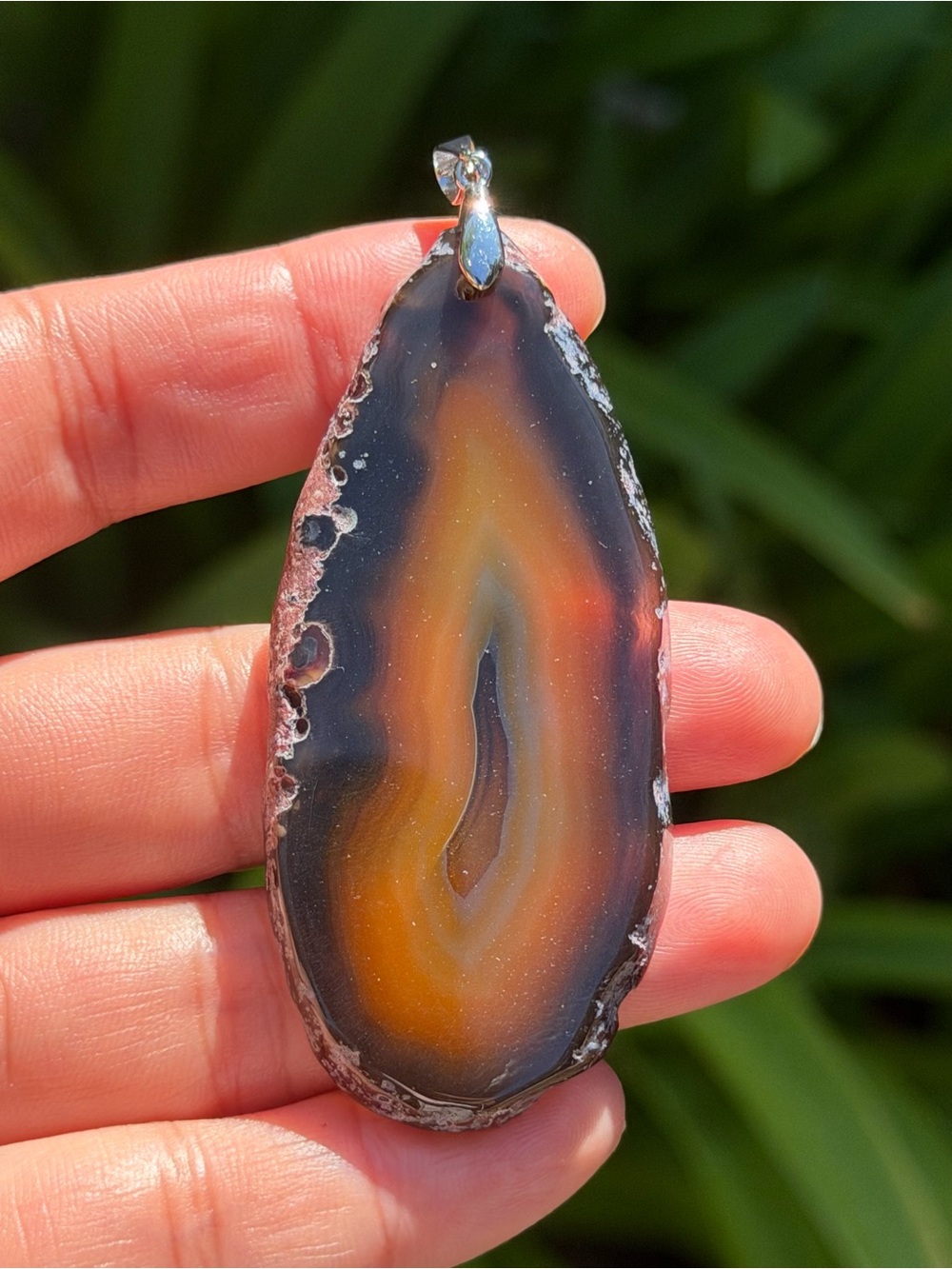 Sterling Silver 925 Long Banded Black and Orange Agate Pendant 2550 - Picture 4 of 6